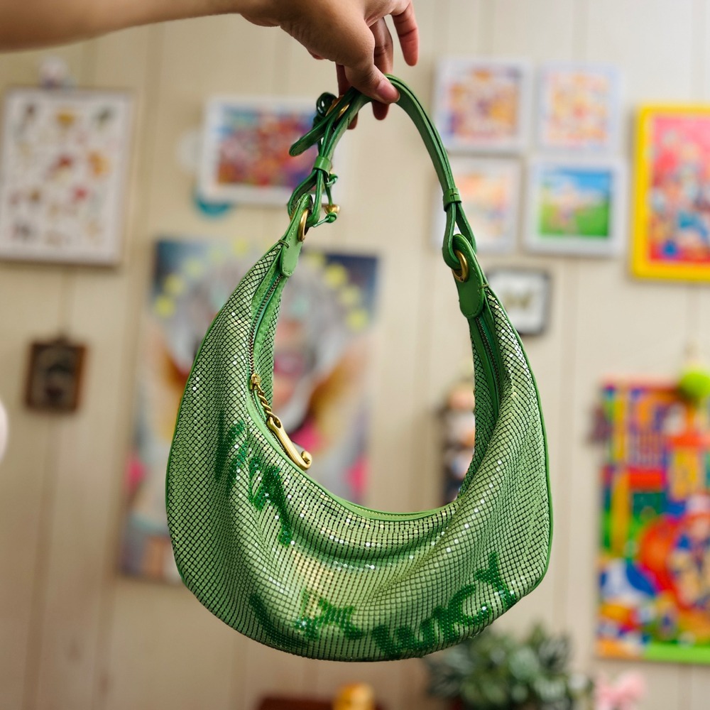 Juicy Couture Viva La Juicy Green Mesh Hobo Bag Leather Trim Heart Logo Brass
